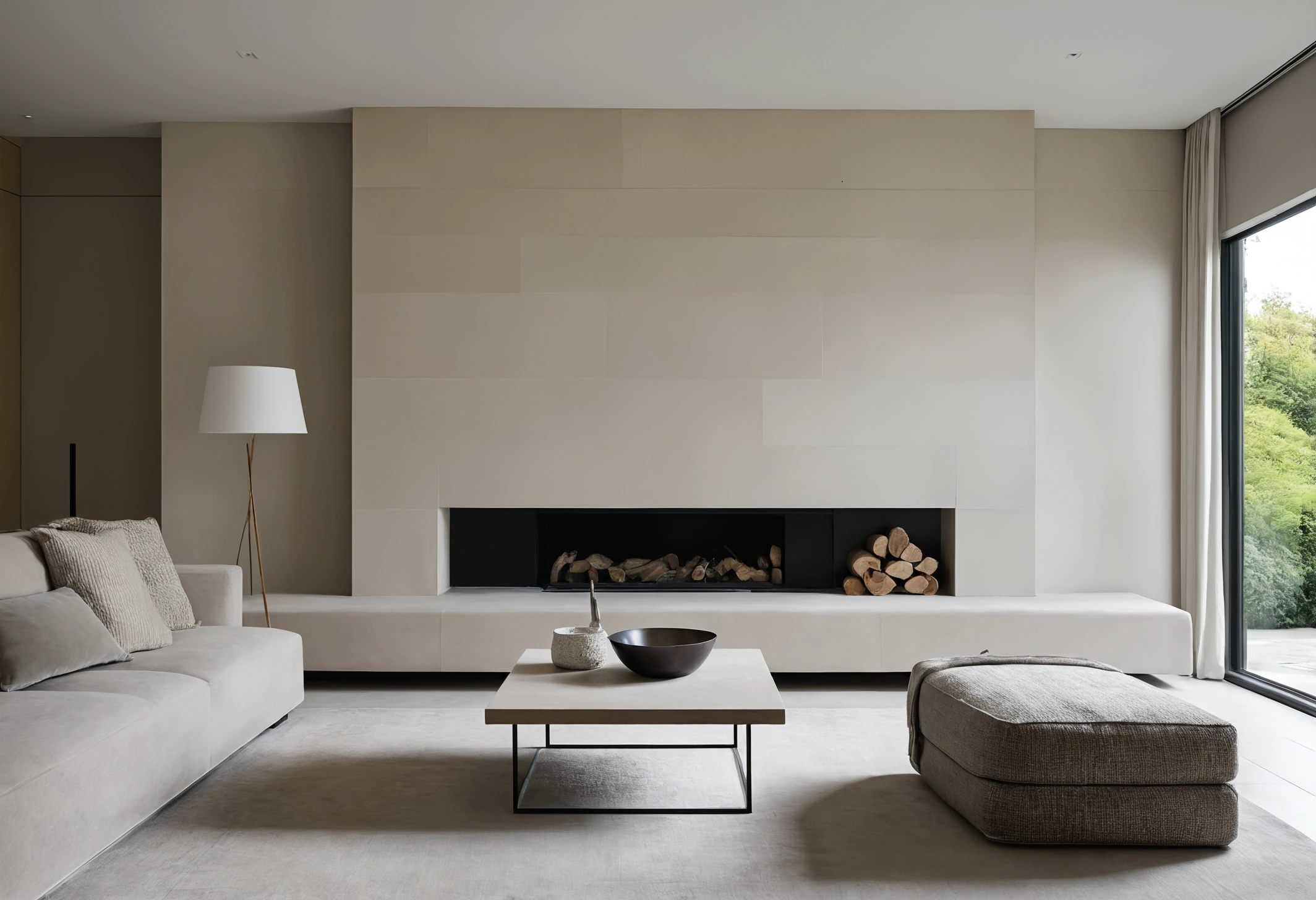 Renovated villa living space with neutral stone floors, plastered walls and restrained contemporary detailing