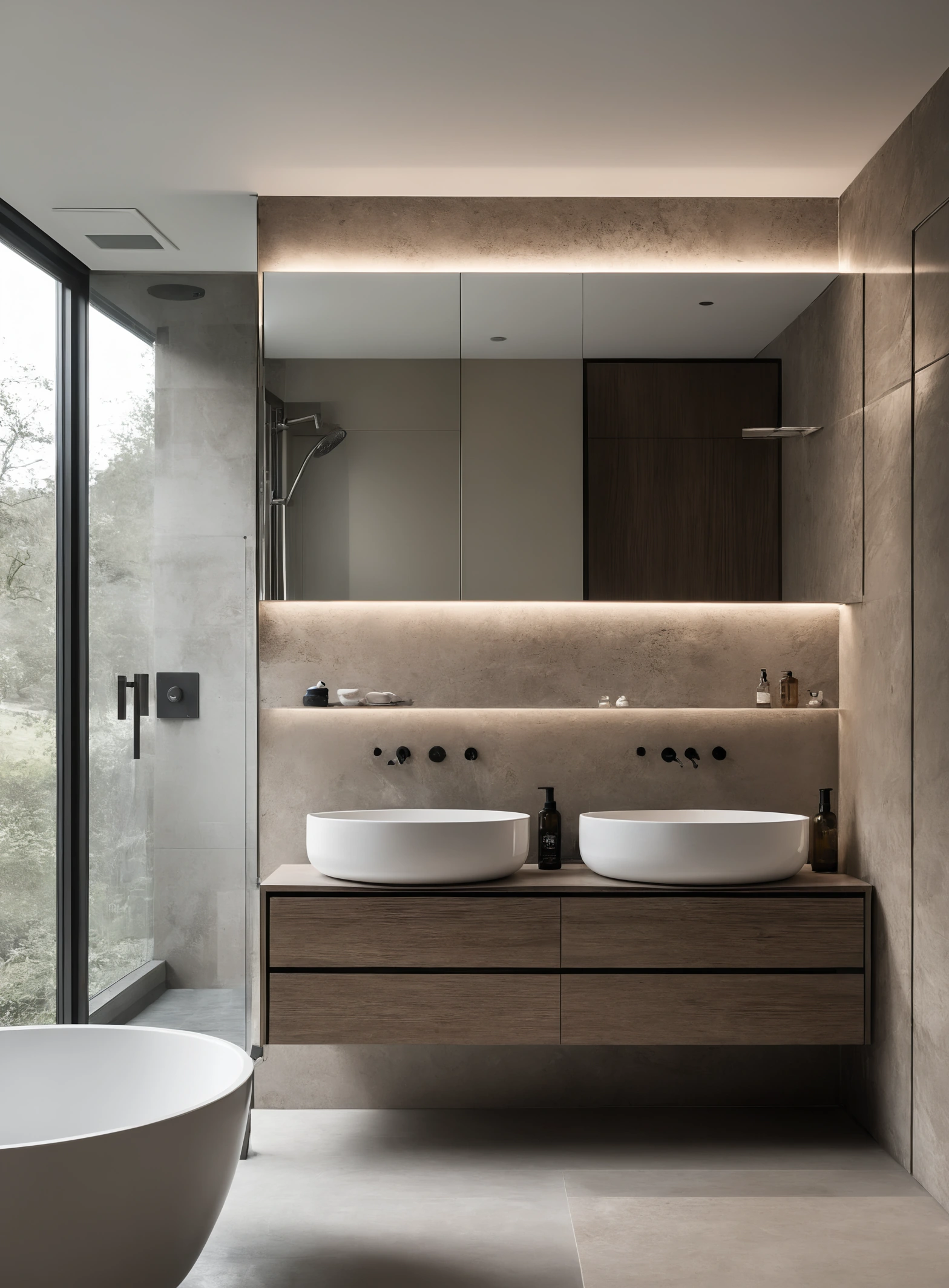 Renovated bathroom with large-format stone-look porcelain, a wall-hung vanity and a walk-in shower with a linear drain