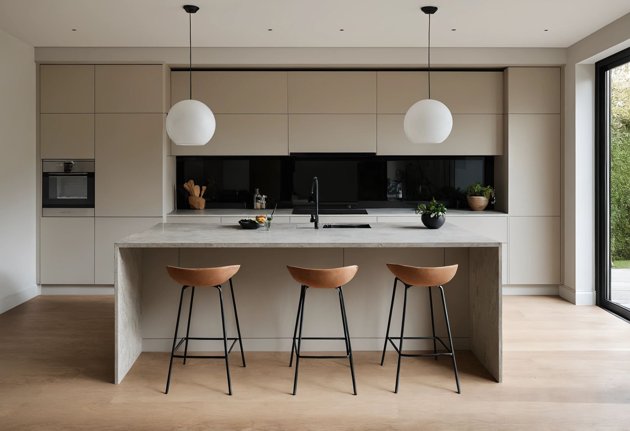 Renovated kitchen with handleless cabinetry, a sintered stone island and integrated appliances under even daylight