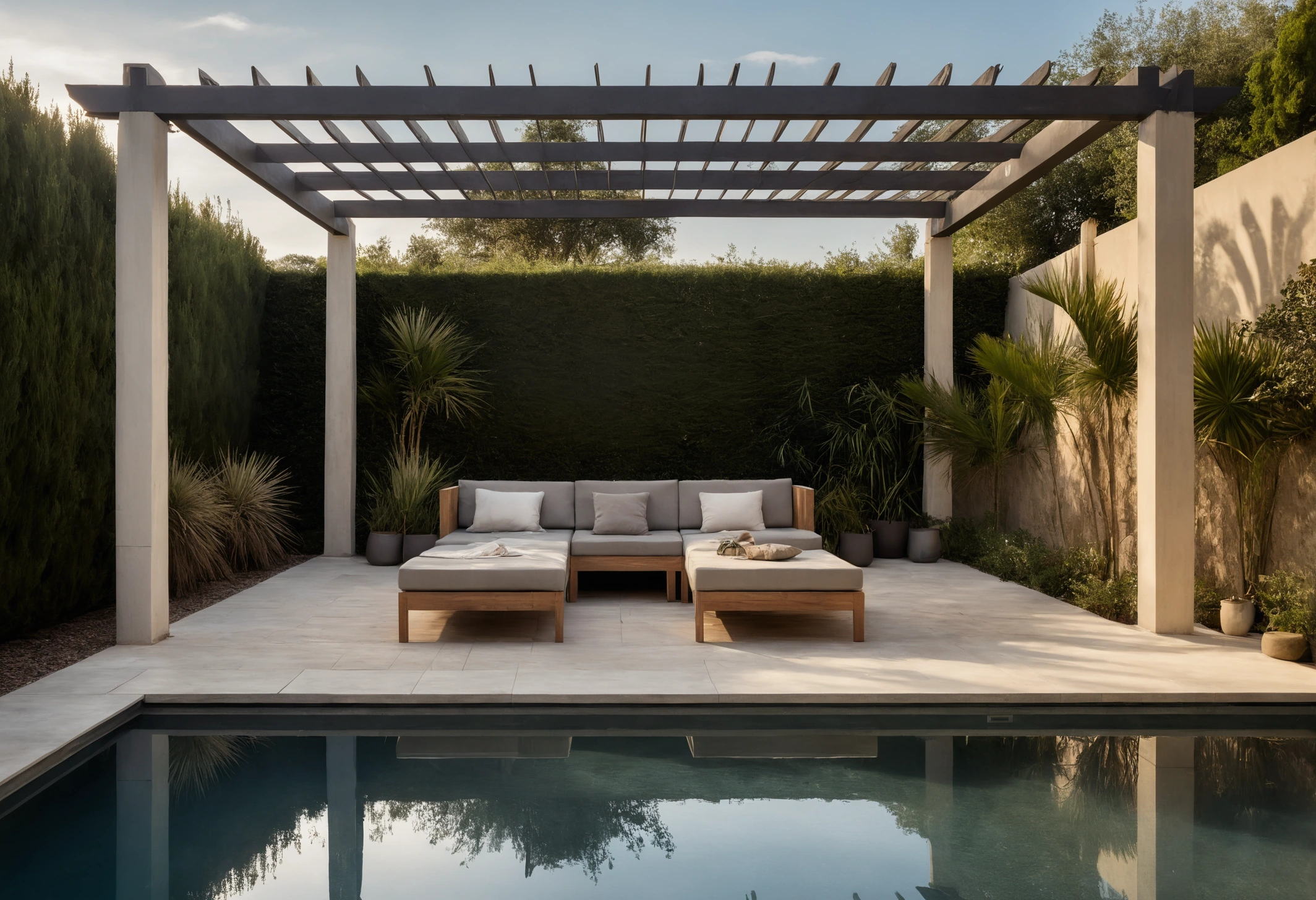 Villa garden with a rectangular pool, stone deck, mature planting and a shaded seating area in warm evening light