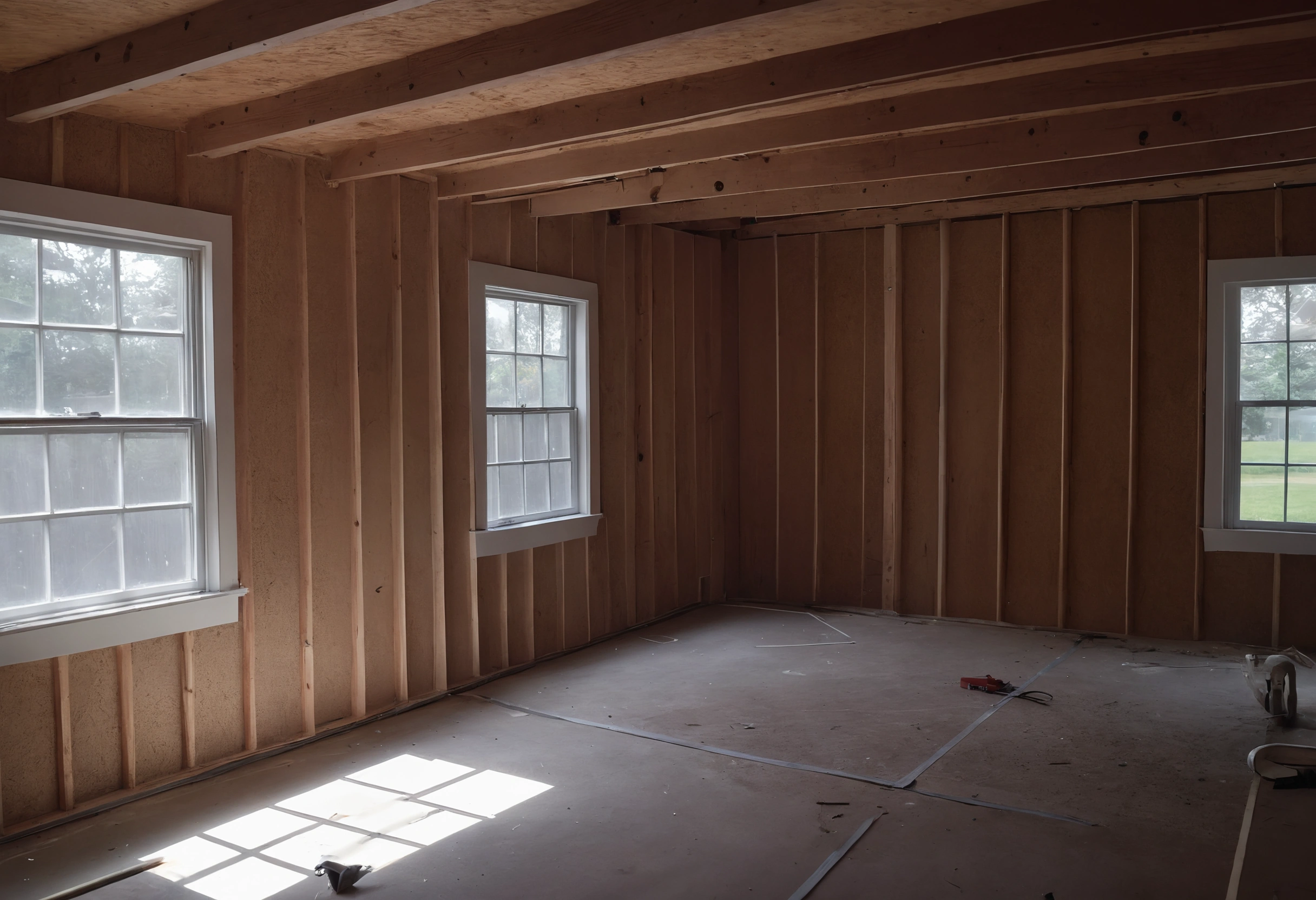 Exposed wood framing in a residential renovation with an air handler mounted near copper refrigerant lines