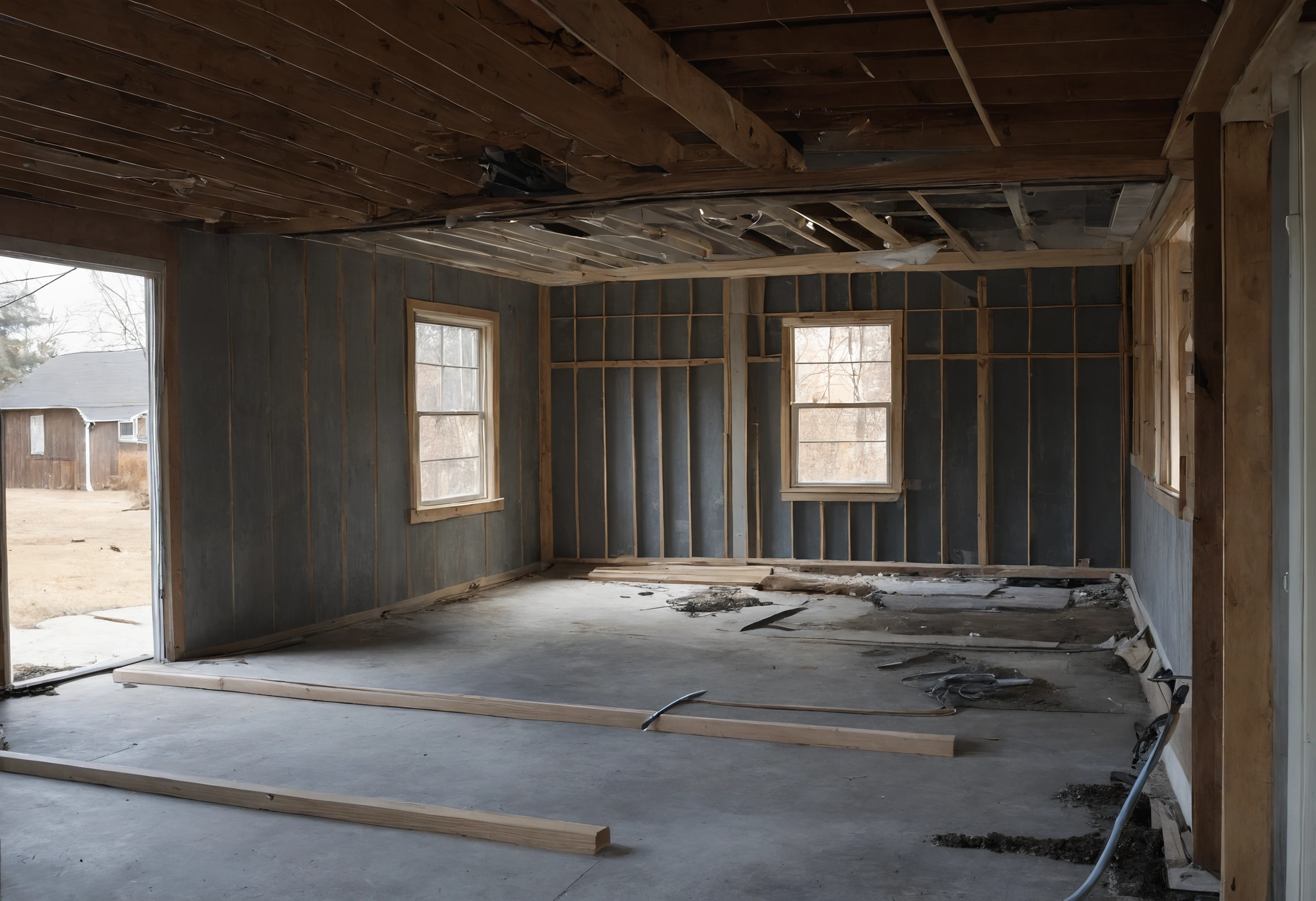 Gutted house interior with open ceiling joists, bare framing and a doorway to the yard